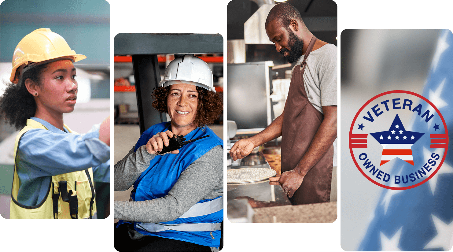 Four images showcasing individuals engaged in various professions, highlighting diverse work environments and tasks.