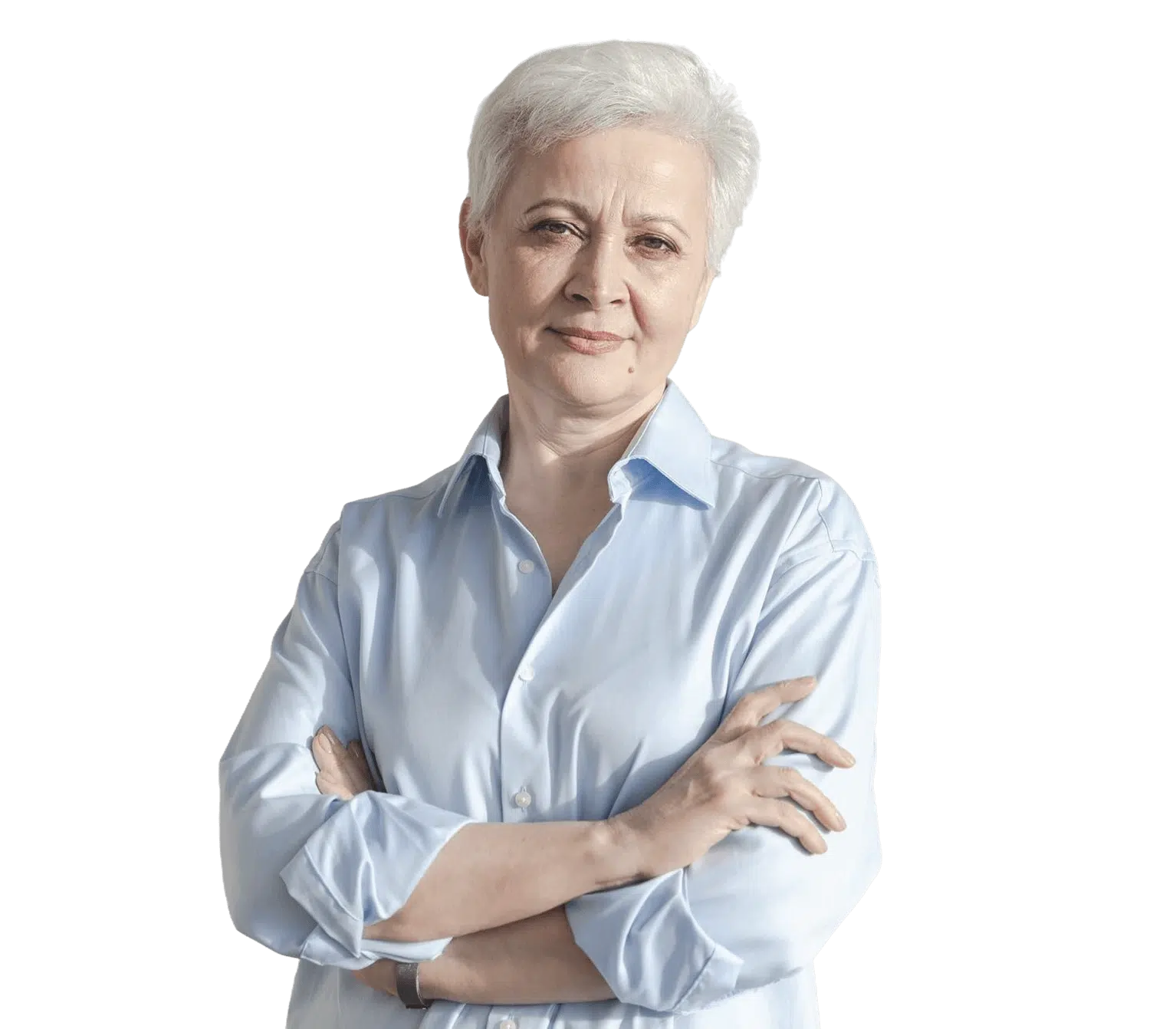 A confident and stylish European woman, smiling happily against a white background.