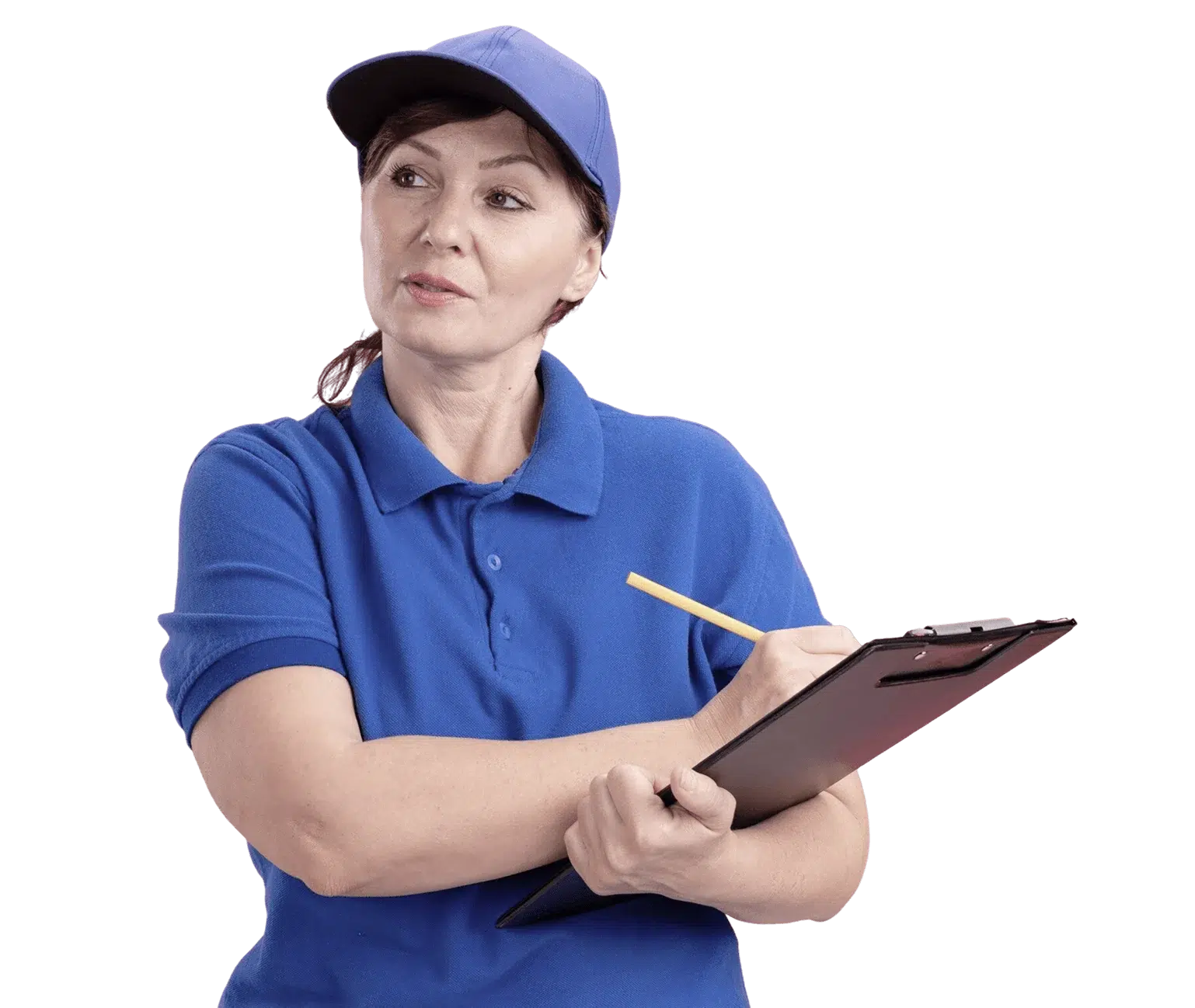 A middle-aged delivery woman in a blue uniform and cap.